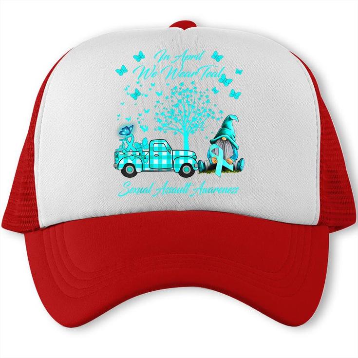 Gnomes In April We Wear Teal Sexual Assault Awareness Gifts  Trucker Cap