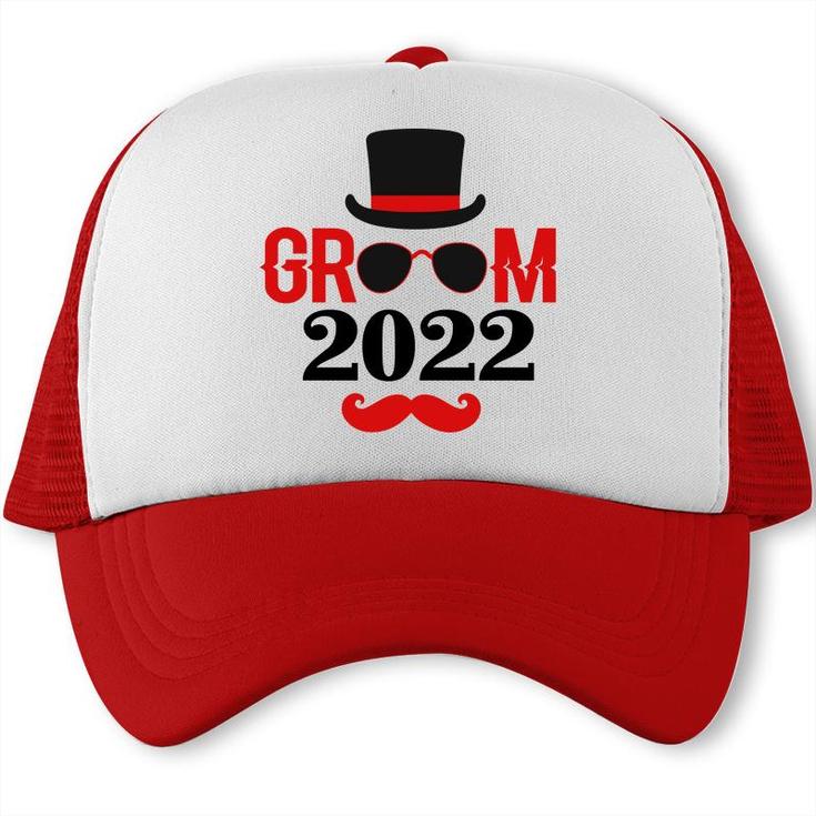 Groom 2022 Groom Bachelor Party Red Black  Trucker Cap