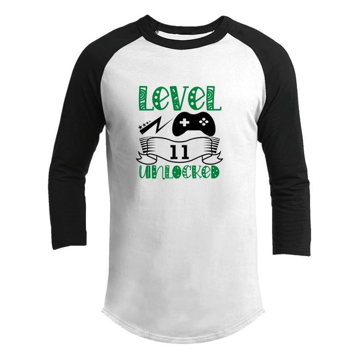 Green Letter Level 11 Unlocked Gamer 11Th Birthday Youth Raglan Shirt