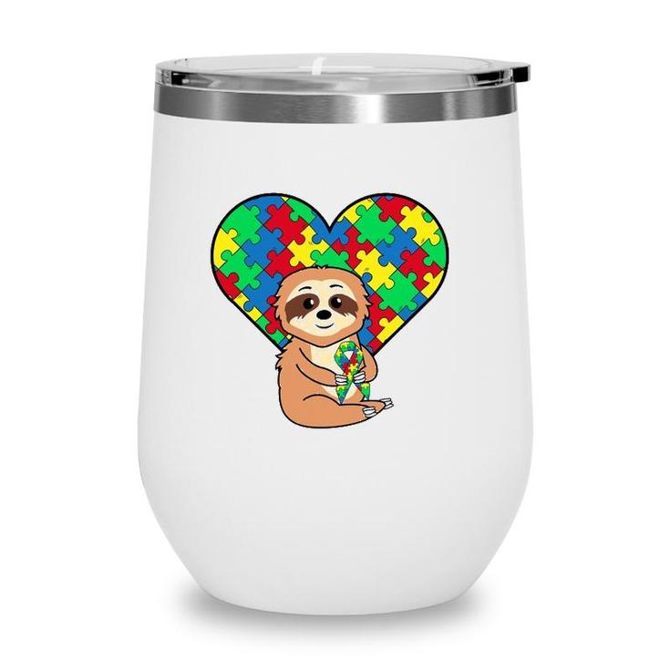 Sloth Heart Puzzle Piece Ribbon Cool Autism Awareness Gift Wine Tumbler