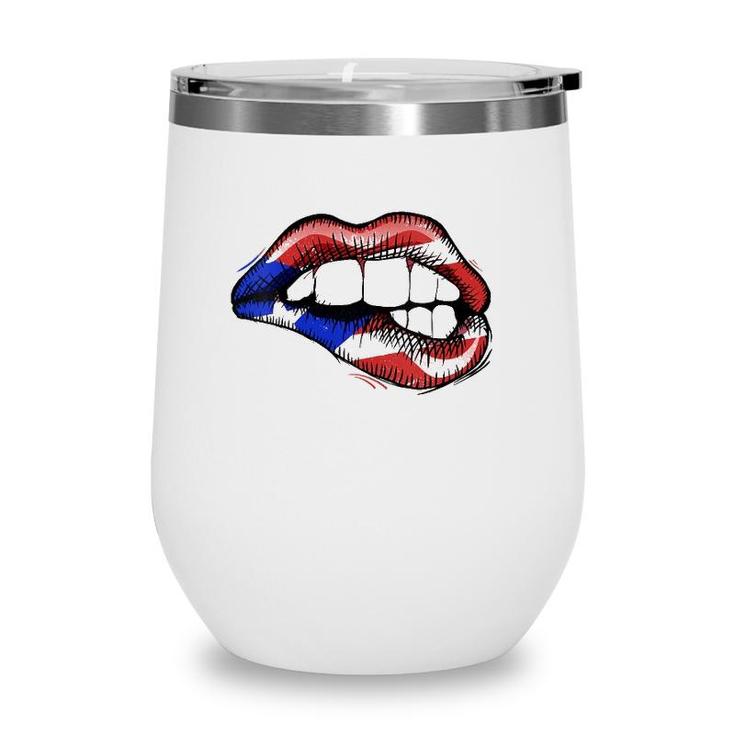 Womens Sexy Biting Lips Puerto Rico Flag V-Neck Wine Tumbler
