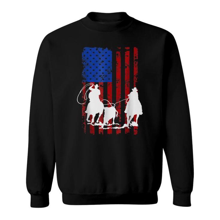 American Flag Team Roping Horse 4Th Of July Patriotic Usa  Sweatshirt