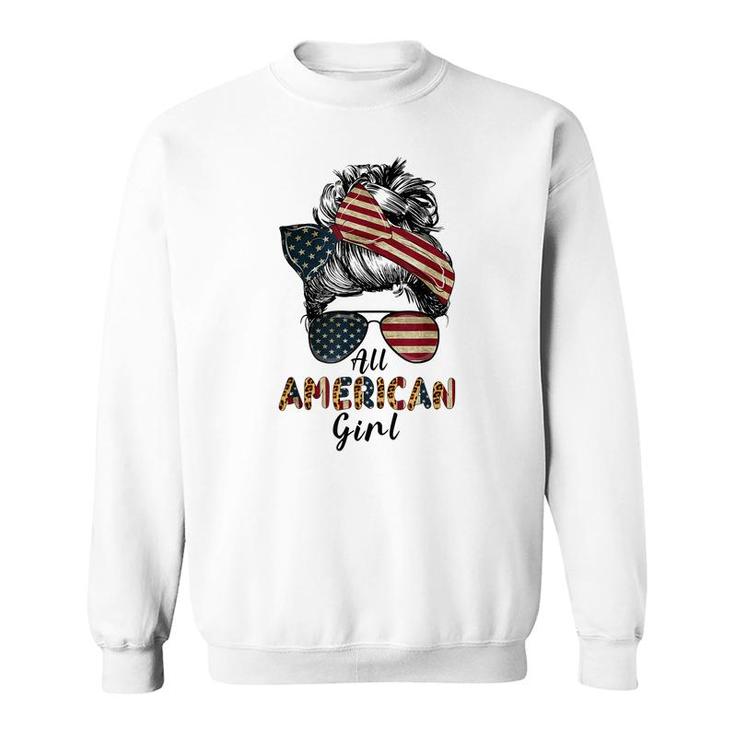 All American Girl Messy Bun Matching Family 4Th July Retro  Sweatshirt