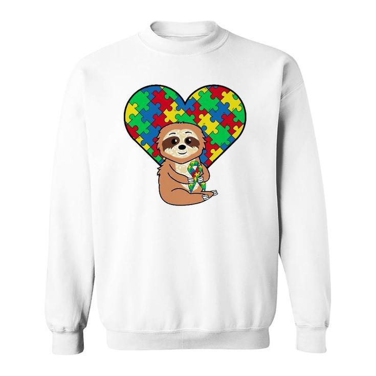 Sloth Heart Puzzle Piece Ribbon Cool Autism Awareness Gift Sweatshirt