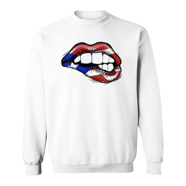 Womens Sexy Biting Lips Puerto Rico Flag V-Neck Sweatshirt
