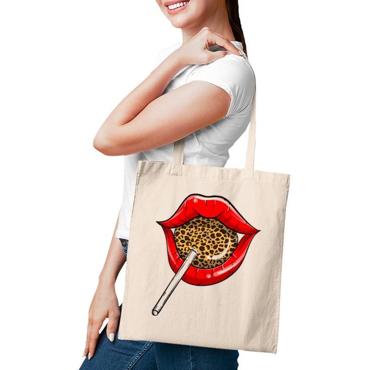 Funny Red Lip Leopard Print Gift Cheetah Lolly Men Women Tote Bag
