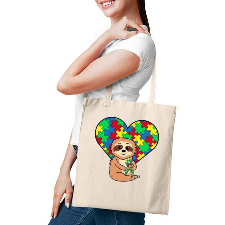Sloth Heart Puzzle Piece Ribbon Cool Autism Awareness Gift Tote Bag