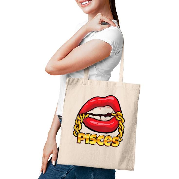 Womens Juicy Lips Gold Chain Pisces Zodiac Sign V-Neck Tote Bag