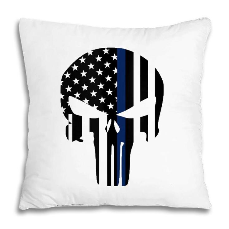 Blue Line American Skull Flag Support Police  Pillow