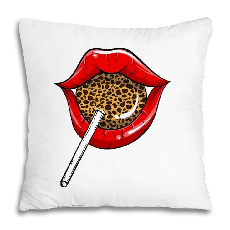 Funny Red Lip Leopard Print Gift Cheetah Lolly Men Women Pillow