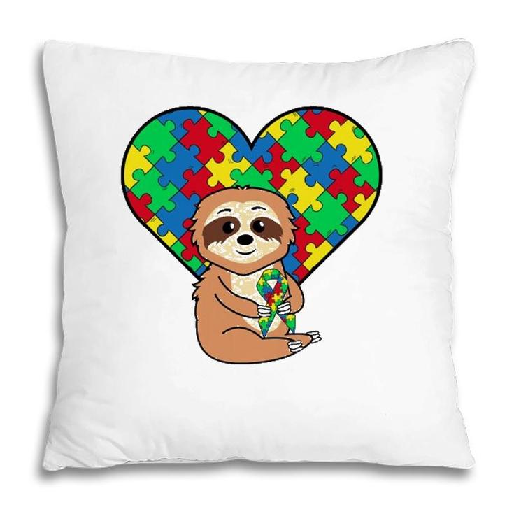 Sloth Heart Puzzle Piece Ribbon Cool Autism Awareness Gift Pillow