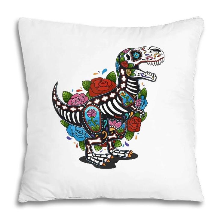 T Rex Dino Sugar Skull Mexico Calavera Dia De Los Muertos  Pillow
