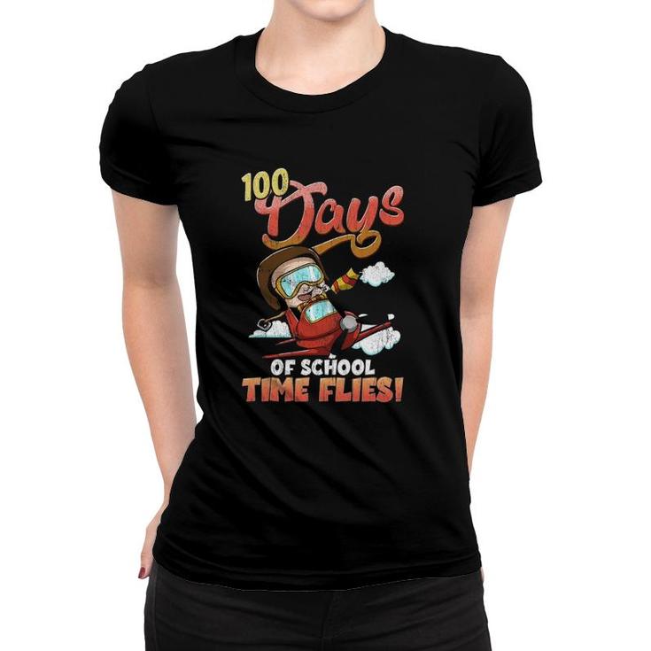 100Th Day Of School Teacher Student Time Flies 100 Days Cute Women T-shirt