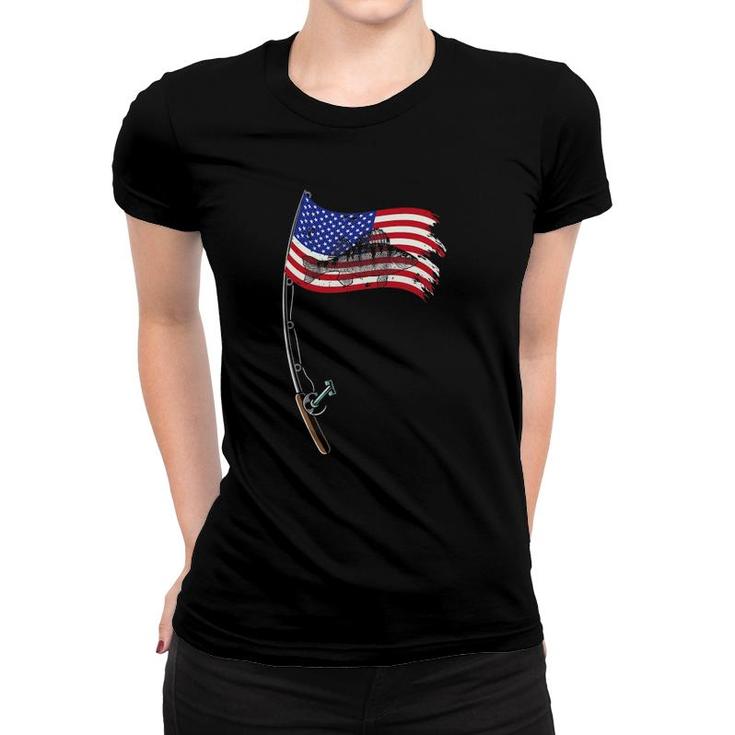 American Flag Fishing Gift Pole Walleye Fisherman Cool Fish Women T-shirt