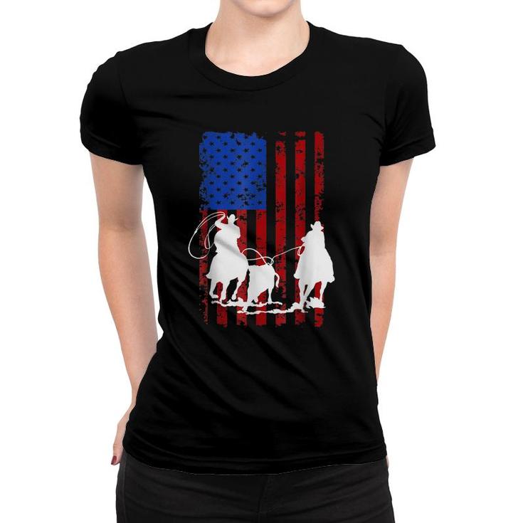 American Flag Team Roping Horse 4Th Of July Patriotic Usa  Women T-shirt