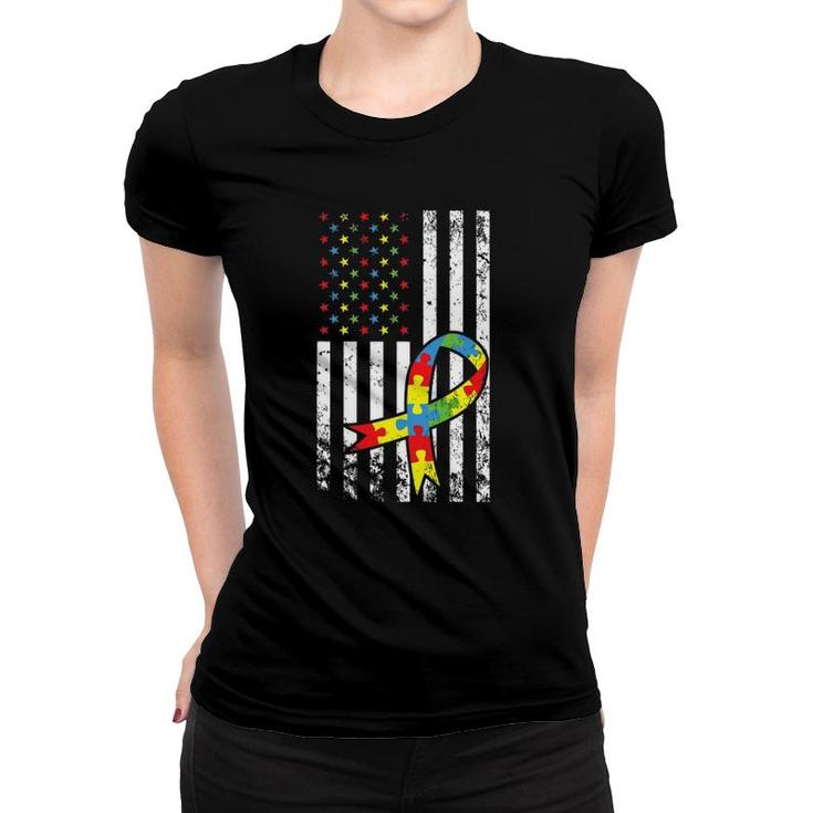 Autism Awareness  American Flag Distressedgift Women T-shirt