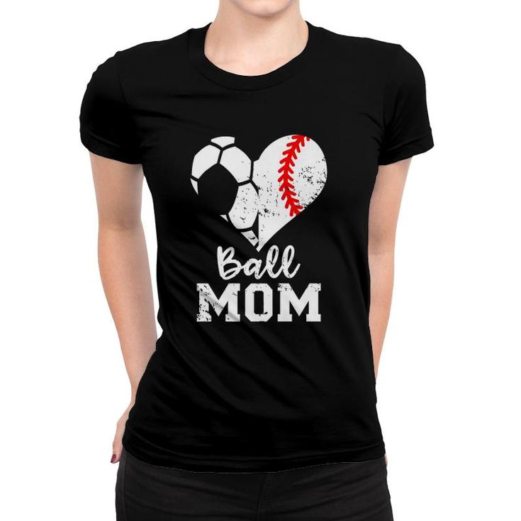 Ball Mom Heart Funny Baseball Soccer Mom  Women T-shirt