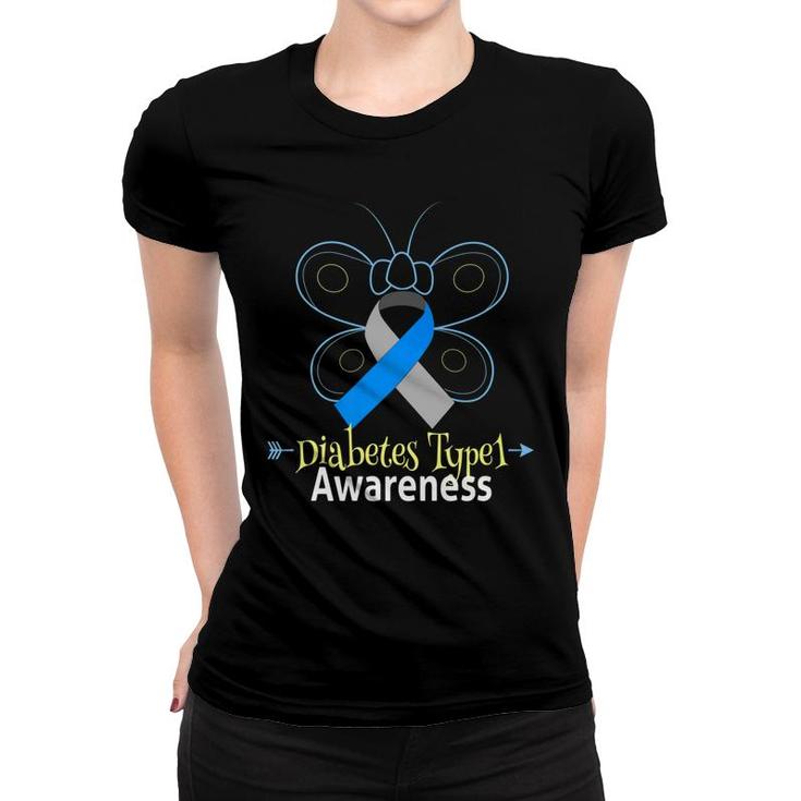 Butterfly Blue Ribbon Diabetes Type 1 Awareness Women Women T-shirt