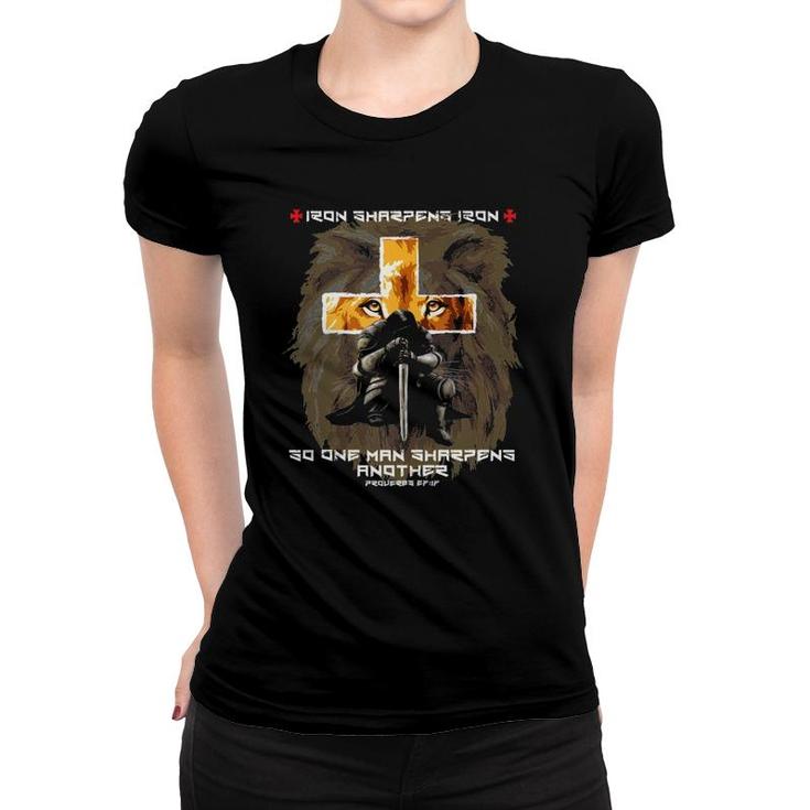Christian Bible Verse Sayings Lion Cross Iron Sharpens Iron  Women T-shirt