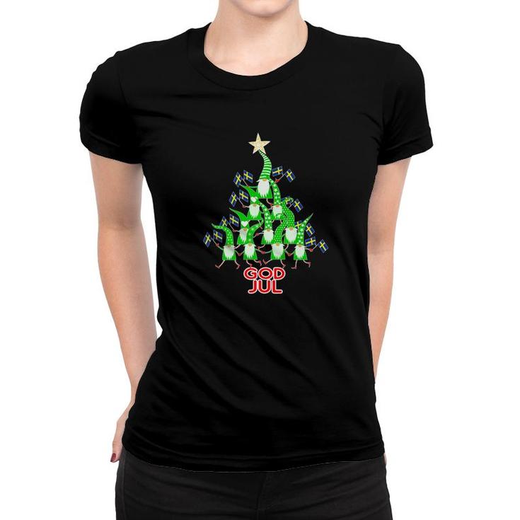 God Jul Christmas Tree Tomte Nisse Gnome Swedish Flag Women T-shirt