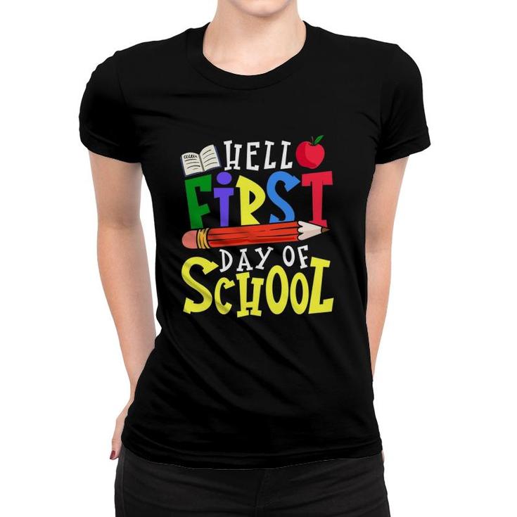 Hello First Day Of School Teacher Student Apple Pencil Book Women T-shirt