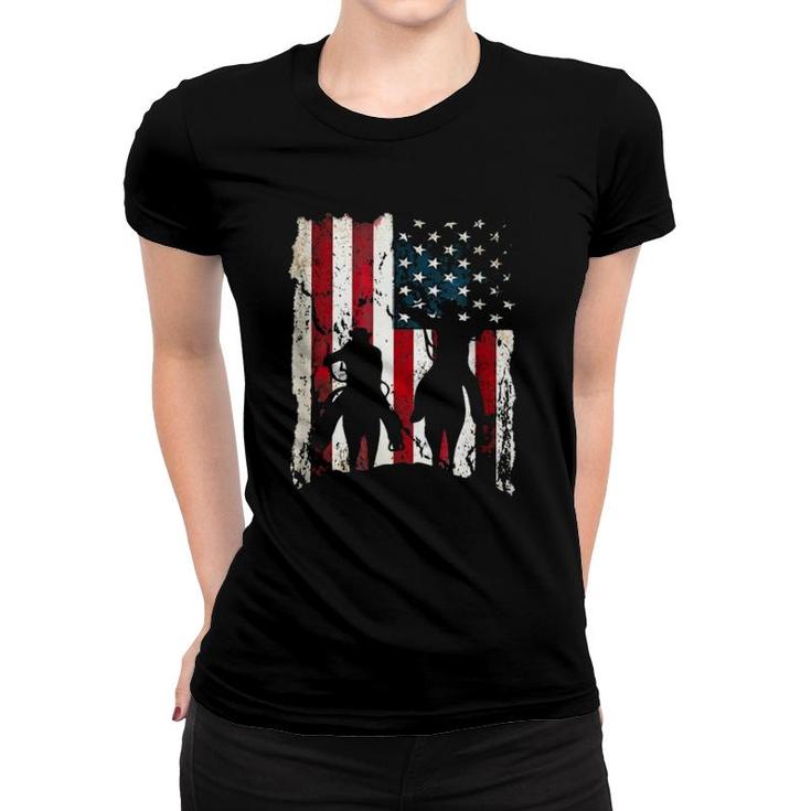 Independence Day Team Roping Cowboys July Of 4Th Us Flag Women T-shirt