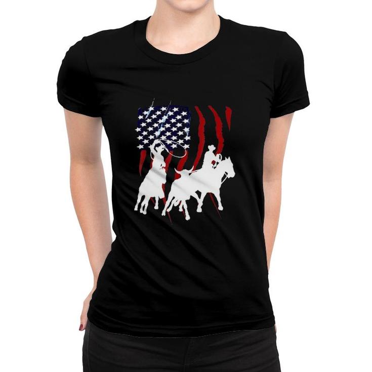 Independence Day Team Roping July Of 4Th Us Flag Sport Lover Women T-shirt