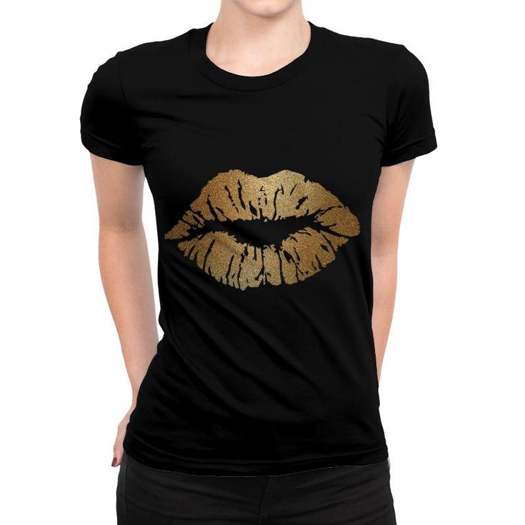 Kiss Lips Sparkle Glitter Valentine Sexy Love Good Vibe Gold Women T-shirt