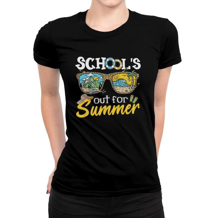 Last Day Of School Teacher Student Schools Out For Summer Vacation Beach Palm Tree Sun Sunglasses Women T-shirt