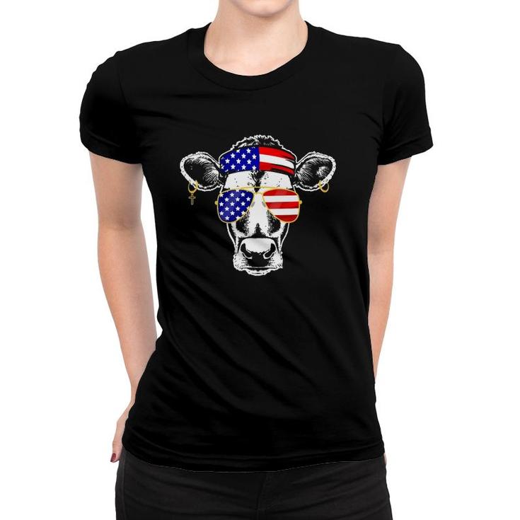 Patriotic Cow American Flag Sunglasses 4Th Of July Heifer Women T-shirt
