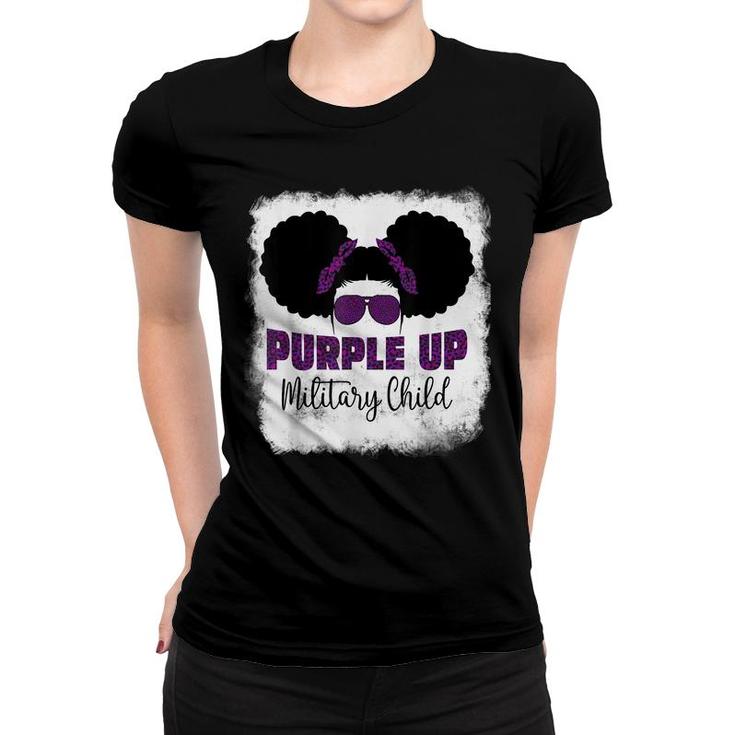 Purple Up For Kids Military Child Month Messy Bun Bleached  Women T-shirt