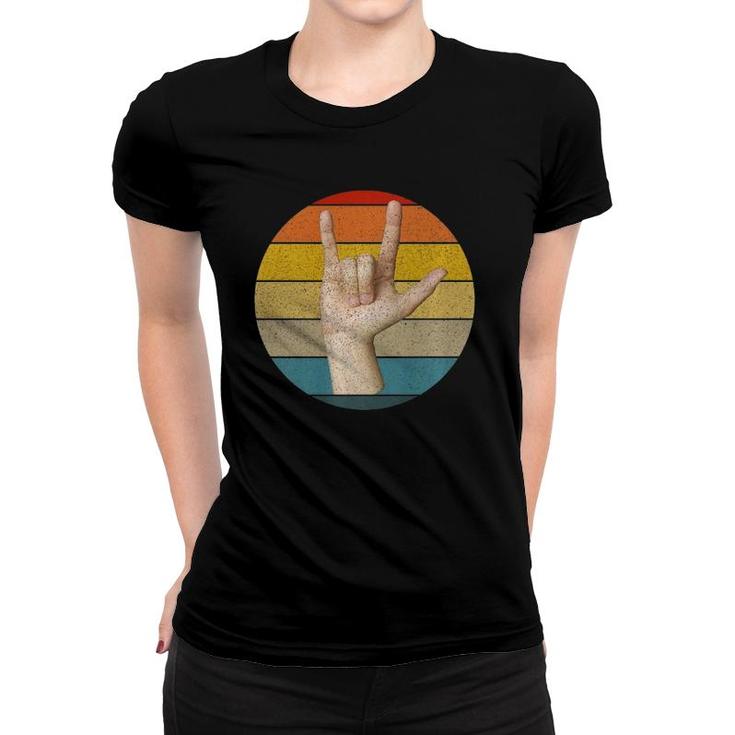Sign Language I Love You Asl In Retro Vintage Stripes Design  Women T-shirt