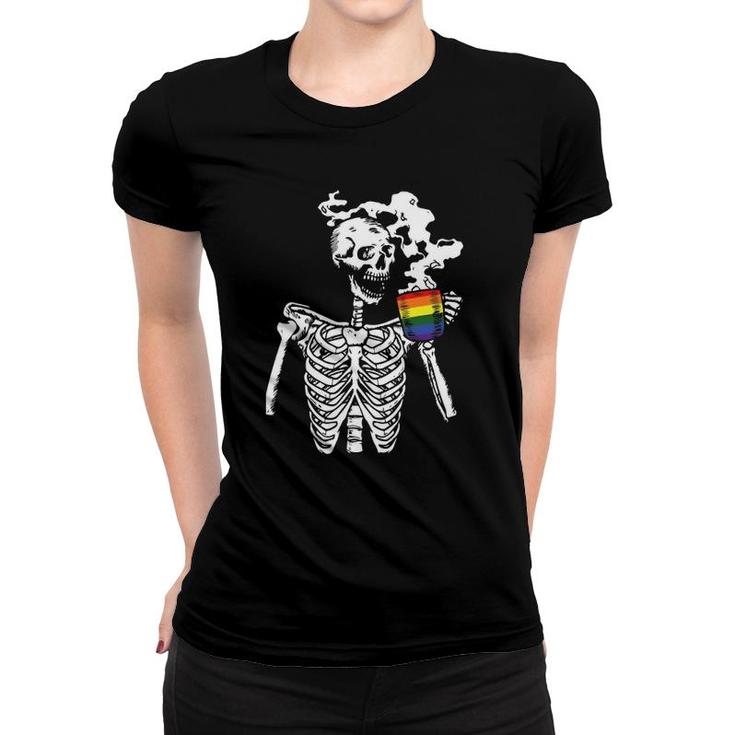 Skeleton Drinking Coffee Gay Pride Funny Skull Lgbt Q Ally Women T-shirt