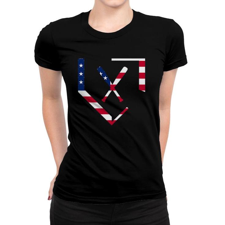Stars And Stripes Home Plate Baseball Bats American Flag Usa Women T-shirt