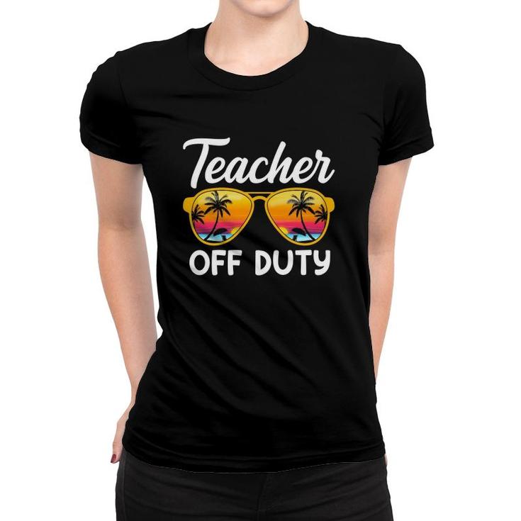 Teacher Off Duty Sunglasses Beach Sunset Palm Trees School Teaching Women T-shirt