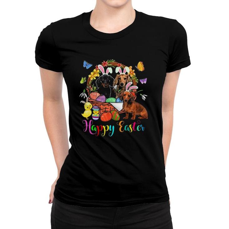 Three Bunny Dachshund Dogs In Easter Eggs Basket Women T-shirt