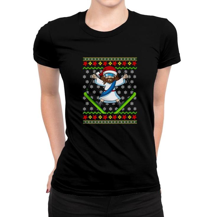 Ugly Christmas Sweater Kids Jesus Skiing Gift Women T-shirt