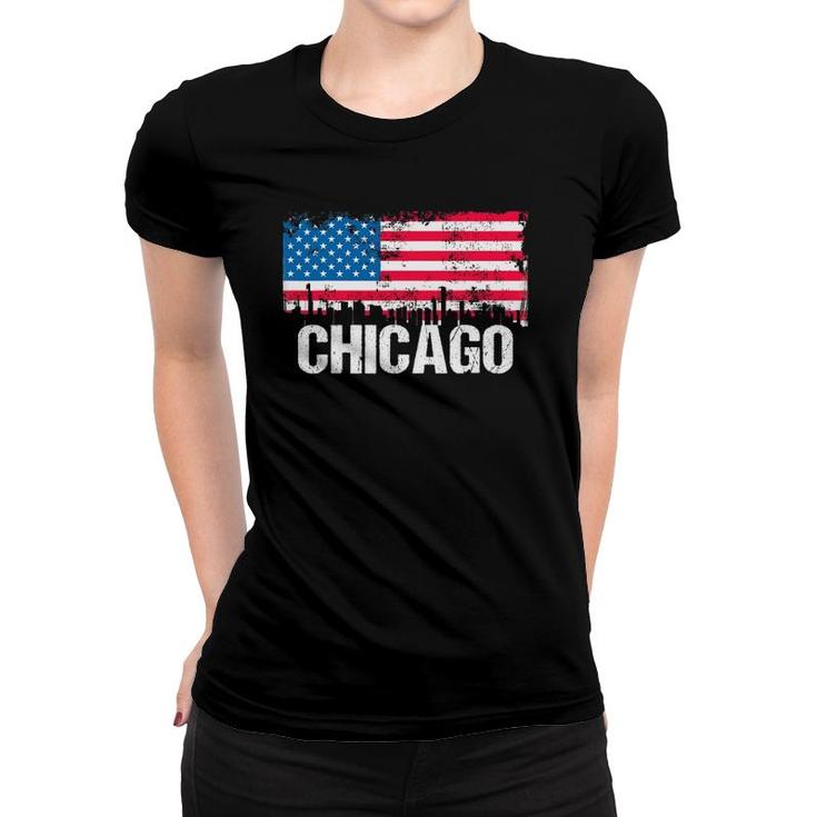 Vintage Us Flag American City Skyline Chicago Illinois Women T-shirt