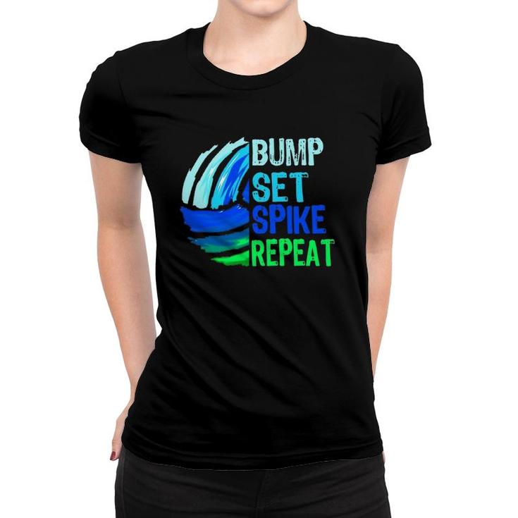 Volleyball Bump Set Spike Repeat Blue Green For Teenagers Women T-shirt