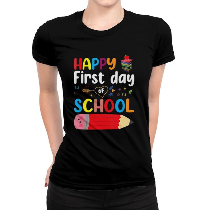 Womens Happy First Day Of School Teacher Student V-Neck Women T-shirt
