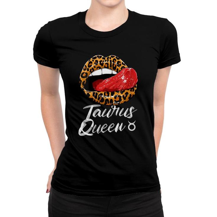 Womens Taurus Queen Zodiac Sign With Leopard Print Juicy Lips  Women T-shirt