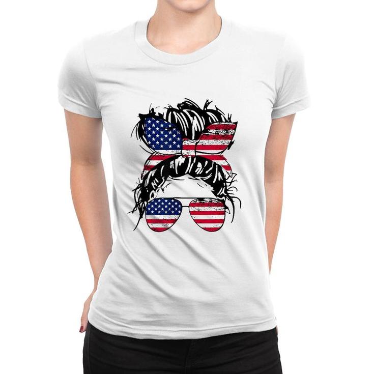 4Th Of July American Flag Patriotic Daughter Messy Bun Usa Women T-shirt