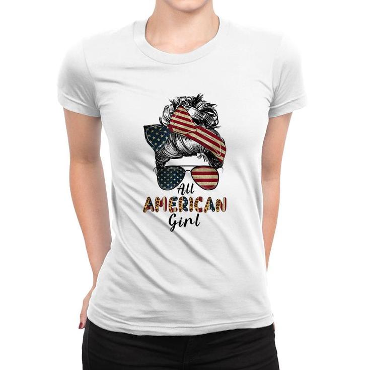 All American Girl Messy Bun Matching Family 4Th July Retro  Women T-shirt