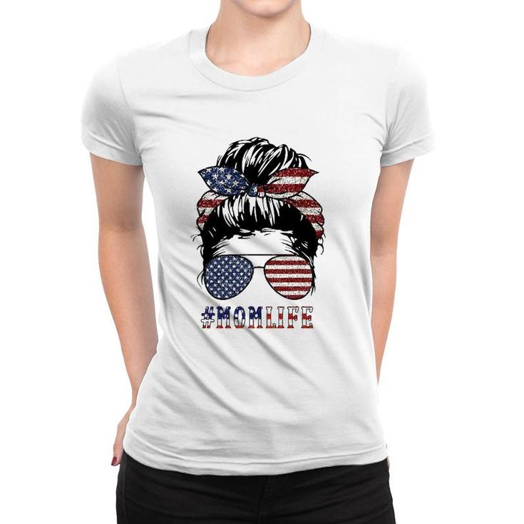 American Mom Life Messy Bun 4Th Of July Sunglasses Usa Flag Women T-shirt