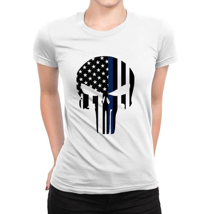 Blue Line American Skull Flag Support Police  Women T-shirt