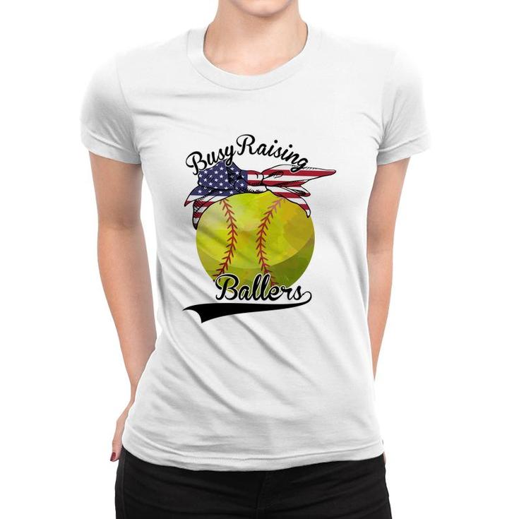 Busy Raising Ballers Softball Sport Great USA Flag Women T-shirt