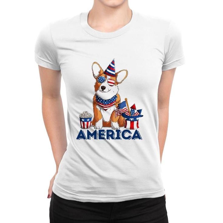 Corgi Dog American Flag Sunglasses Patriotic 4Th July Merica Women T-shirt