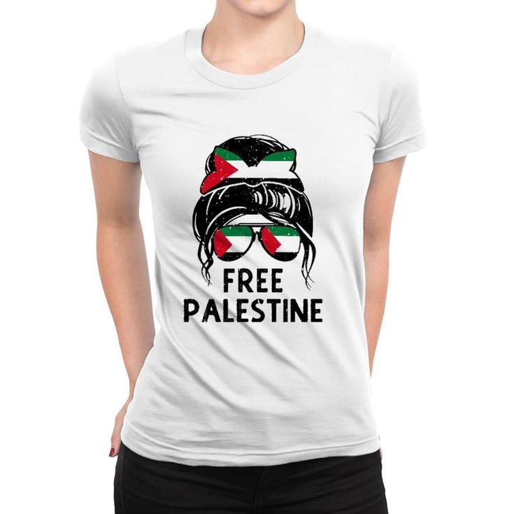Free Palestine Flag Save Gaza Strip End Messy Hair Bun Women T-shirt