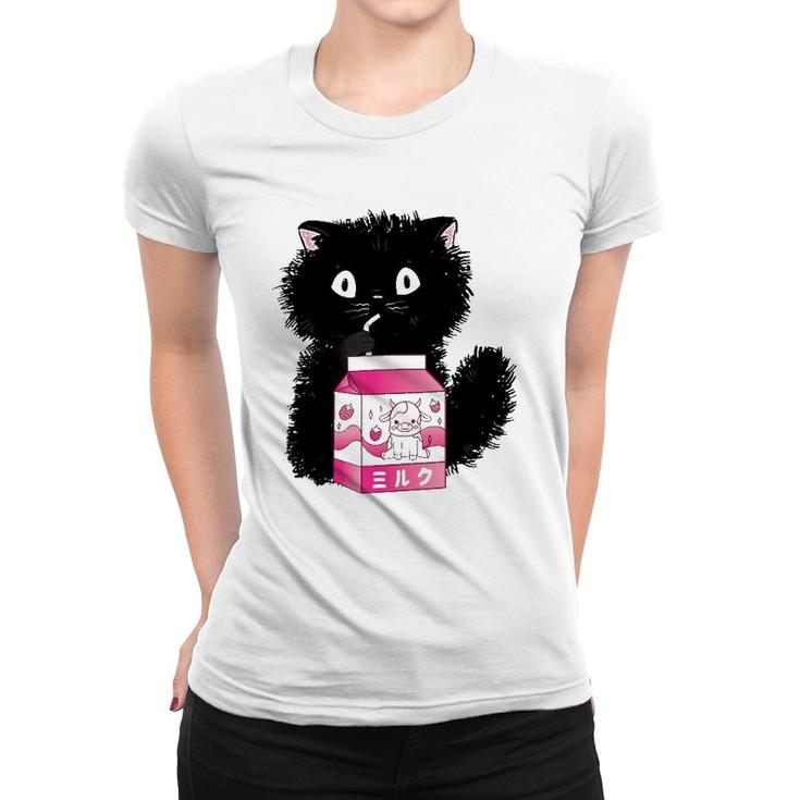 Girls Cute Cat Strawberry Milk Kawaii Cow And Kitten Women T-shirt