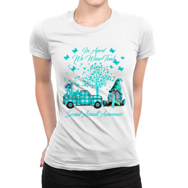 Gnomes In April We Wear Teal Sexual Assault Awareness Gifts  Women T-shirt